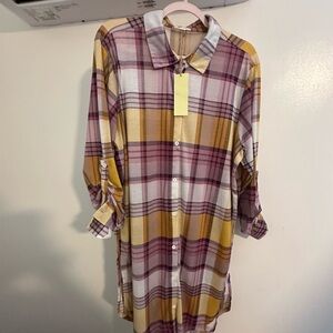 Paper Tee Yellow and Purple Long Sleeve Cuffed Shirt Dress